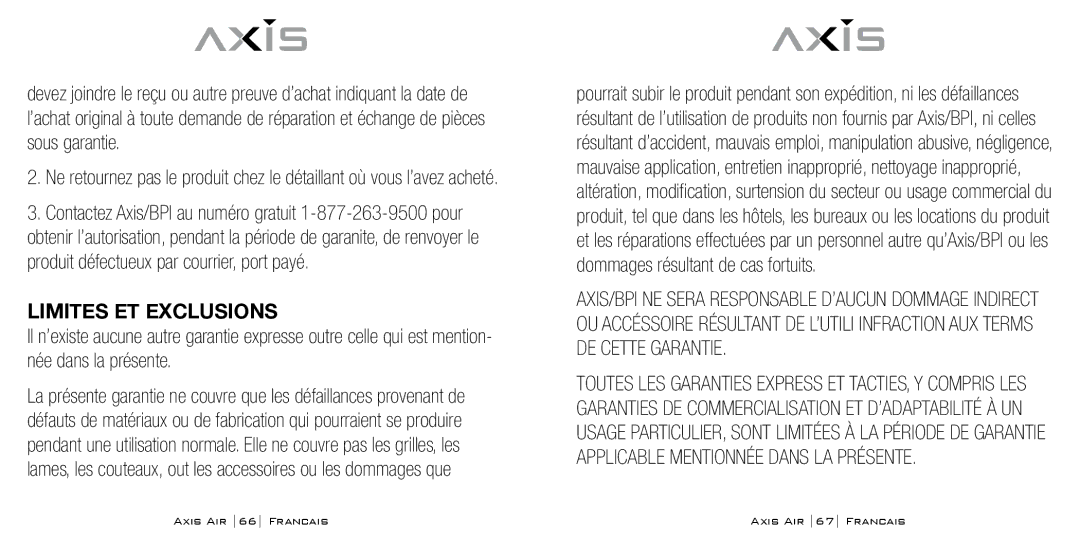 Bodyline Products International AX-5330 instruction manual Limites ET Exclusions 