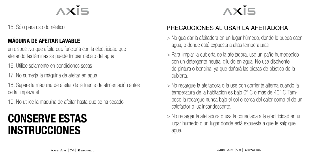 Bodyline Products International AX-5330 instruction manual 15. Sólo para uso doméstico, Máquina DE Afeitar Lavable 