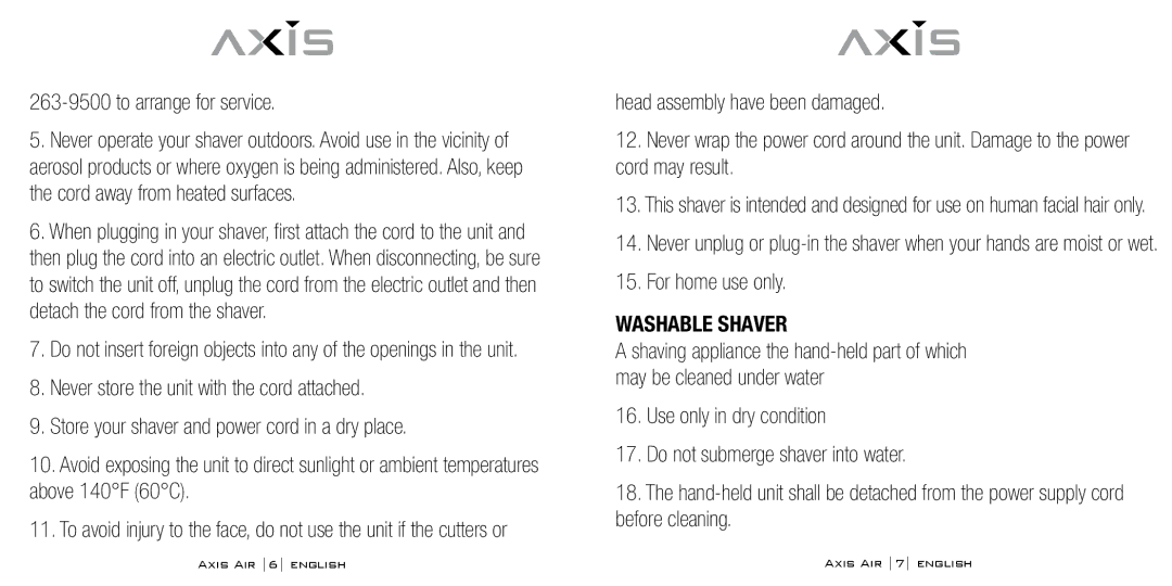 Bodyline Products International AX-5330 instruction manual To arrange for service, For home use only, Washable Shaver 