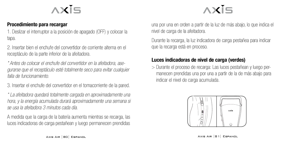 Bodyline Products International AX-5330 Procedimiento para recargar, Luces indicadoras de nivel de carga verdes 