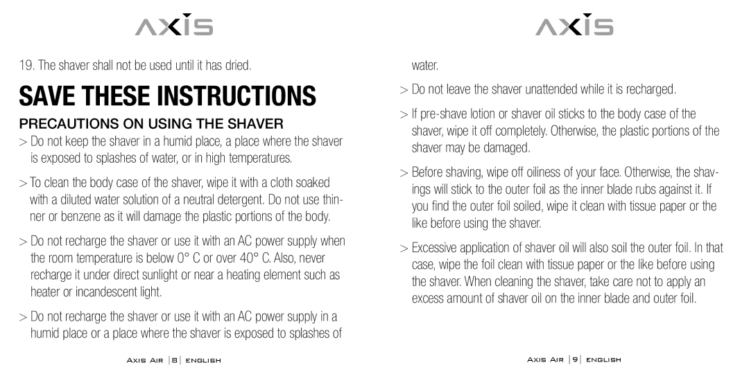 Bodyline Products International AX-5330 instruction manual Shaver shall not be used until it has dried, Water 