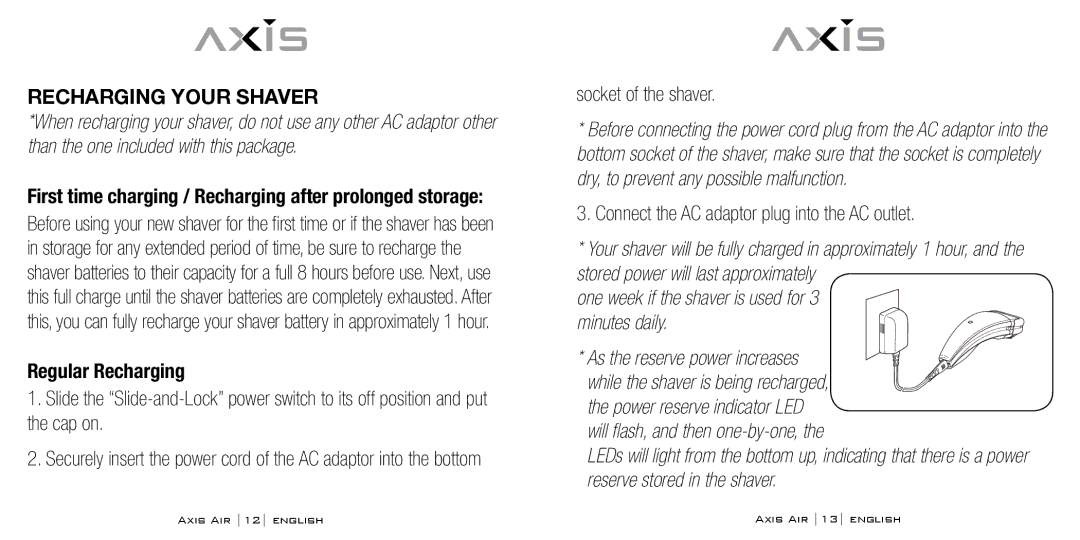 Bodyline Products International AX-5330 instruction manual Recharging Your Shaver, Regular Recharging, Socket of the shaver 