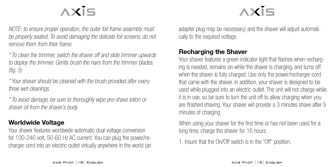 Bodyline Products International AX1330 instruction manual Worldwide Voltage, Recharging the Shaver 