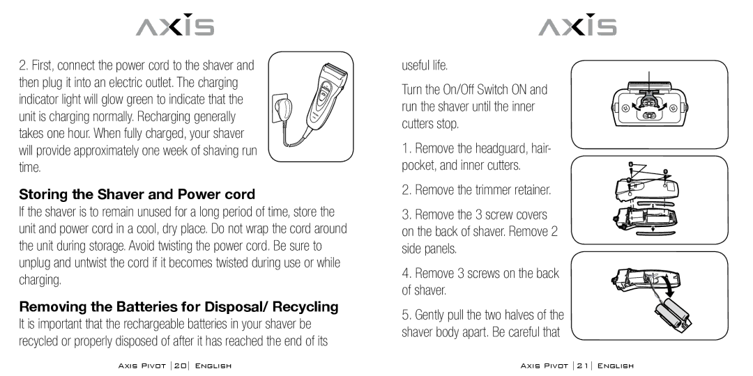 Bodyline Products International AX1330 Storing the Shaver and Power cord, Useful life, Remove the trimmer retainer 