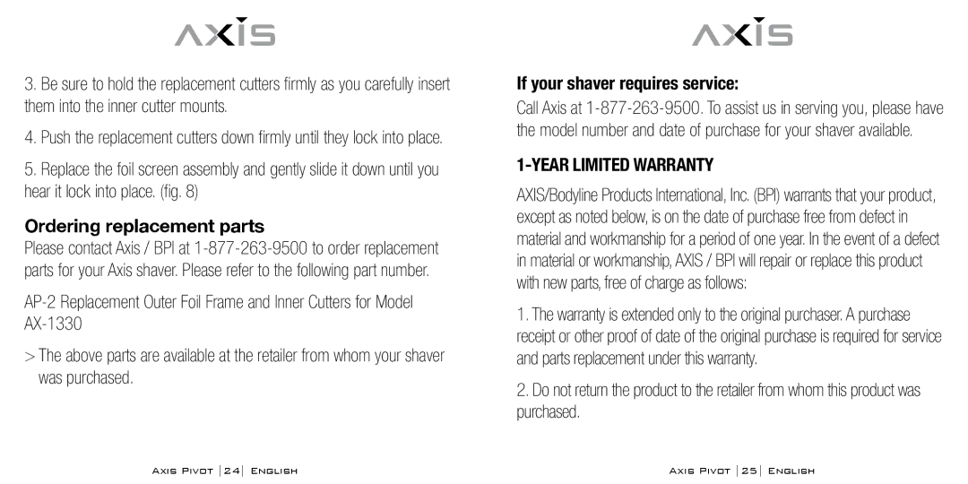 Bodyline Products International AX1330 Ordering replacement parts, If your shaver requires service, Year Limited Warranty 