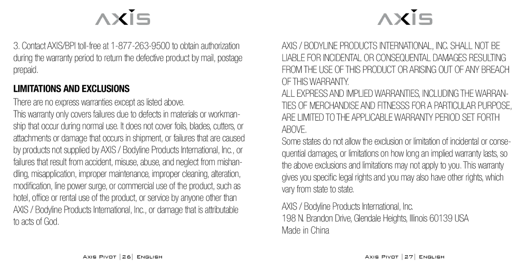 Bodyline Products International AX1330 Limitations and Exclusions, There are no express warranties except as listed above 