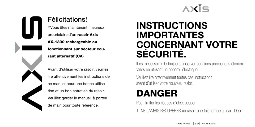 Bodyline Products International AX1330 instruction manual Instructions Importantes Concernant Votre Sécurité 