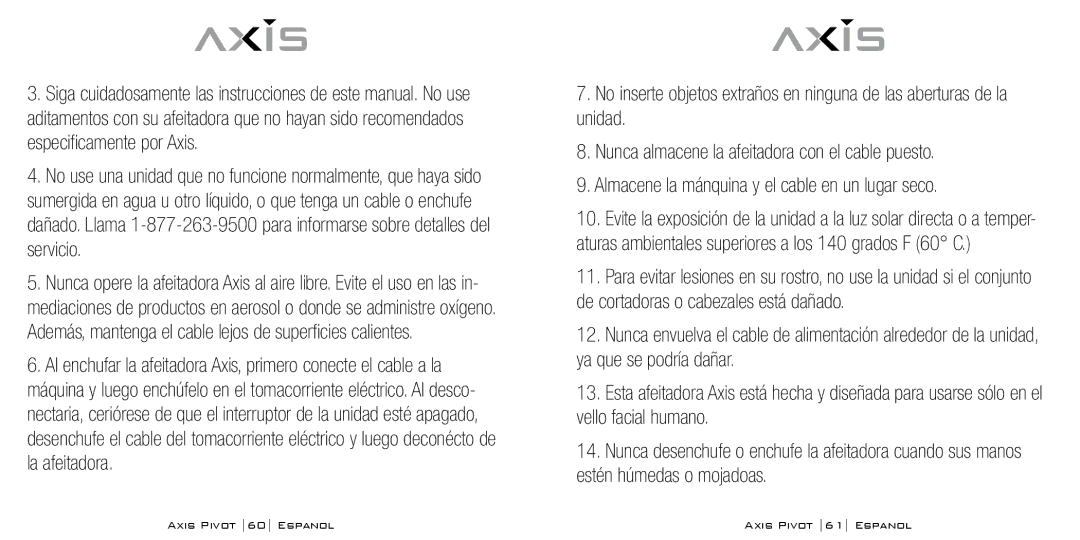 Bodyline Products International AX1330 instruction manual Axis Pivot 60 Espanol Axis Pivot 61 Espanol 