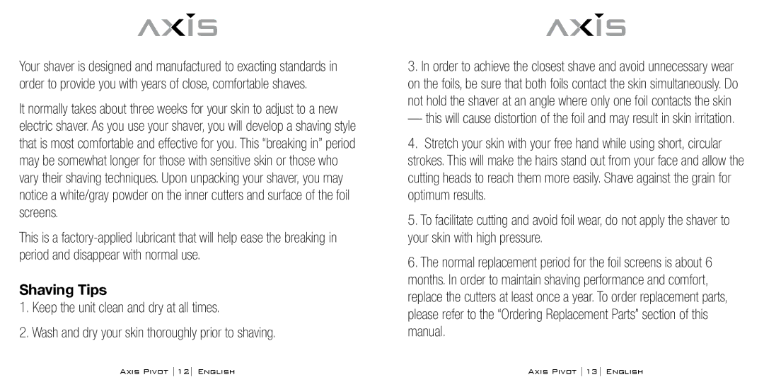 Bodyline Products International AX1330 instruction manual Shaving Tips 