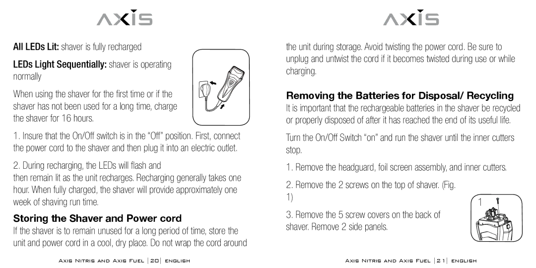 Bodyline Products International AX3335, AX3331 During recharging, the LEDs will flash, Storing the Shaver and Power cord 