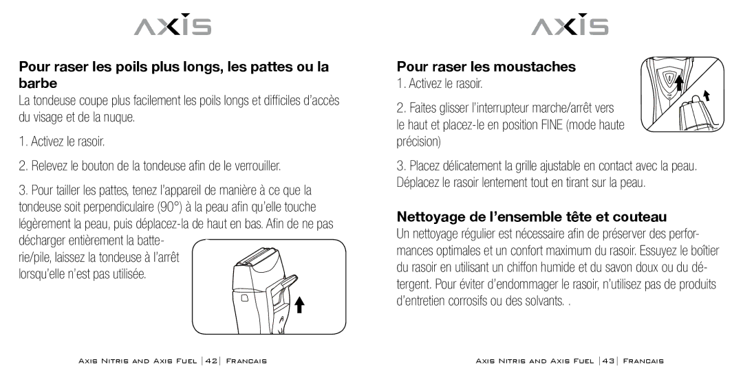 Bodyline Products International AX3331, AX3335 instruction manual Pour raser les poils plus longs, les pattes ou la barbe 