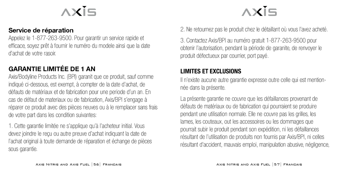 Bodyline Products International AX3335, AX3331 Service de réparation, Garantie Limitée DE 1 AN, Limites ET Exclusions 