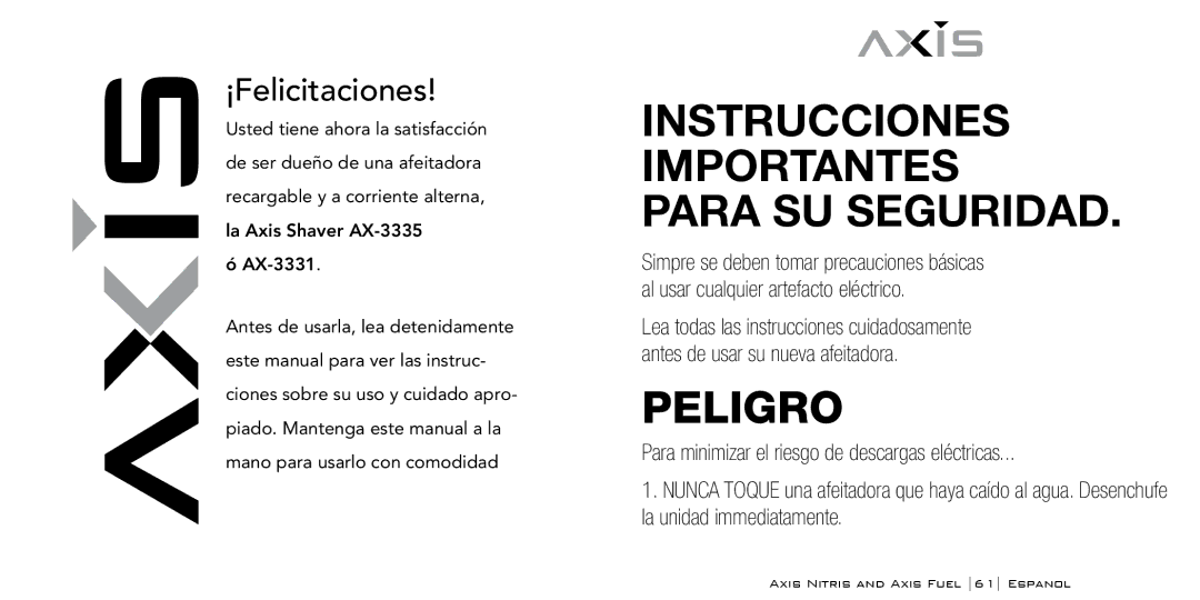 Bodyline Products International AX3335, AX3331 instruction manual Instrucciones Importantes Para SU Seguridad, Peligro 