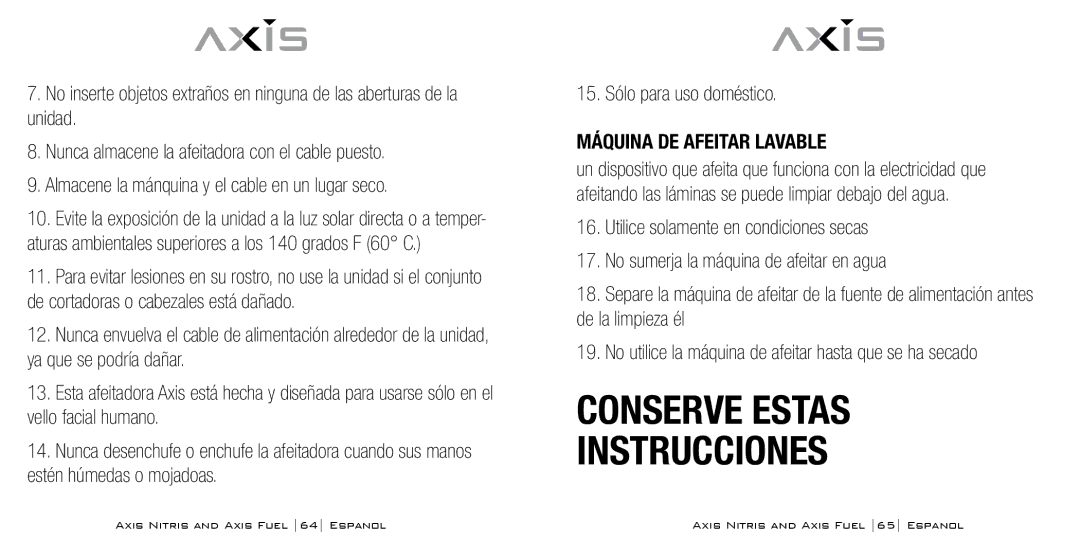 Bodyline Products International AX3335, AX3331 instruction manual Conserve Estas Instrucciones, Máquina DE Afeitar Lavable 