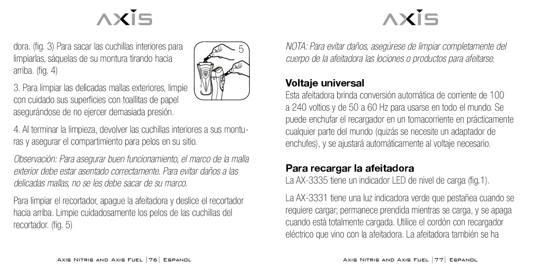 Bodyline Products International AX3335, AX3331 Arriba. fig, Voltaje universal, Para recargar la afeitadora 