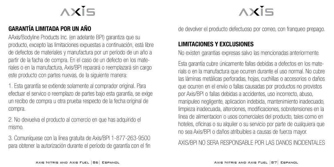 Bodyline Products International AX3331, AX3335 instruction manual Garantía Limitada POR UN AÑO, Limitaciones Y Exclusiones 