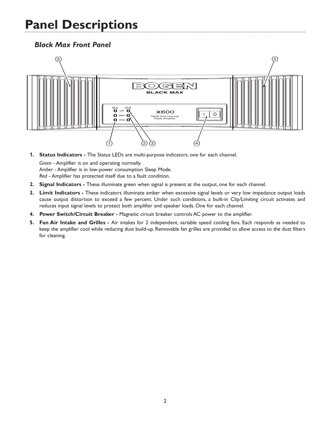 Bogen & X600 manual Panel Descriptions, Black Max Front Panel 