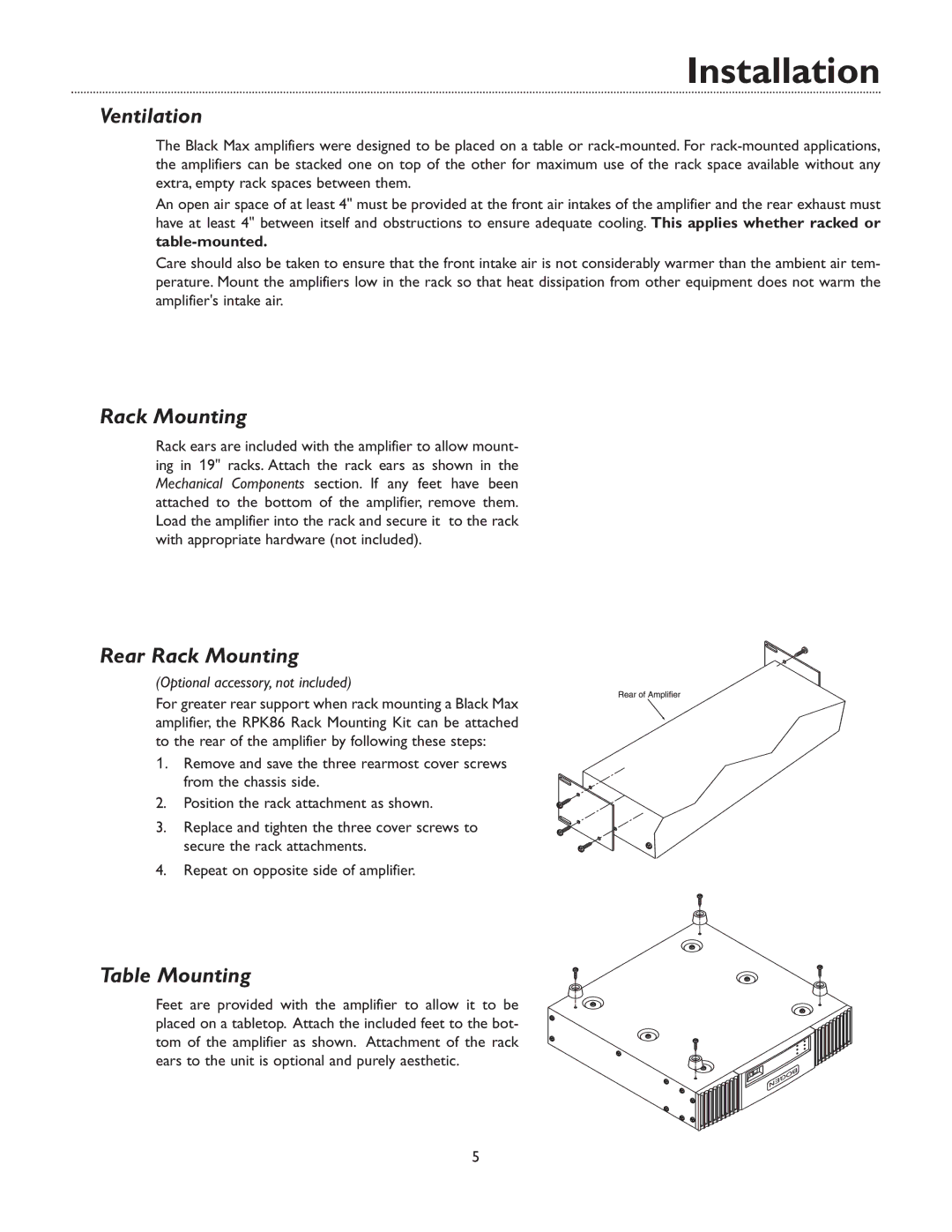 Bogen & X600 manual Ventilation, Rear Rack Mounting, Table Mounting 