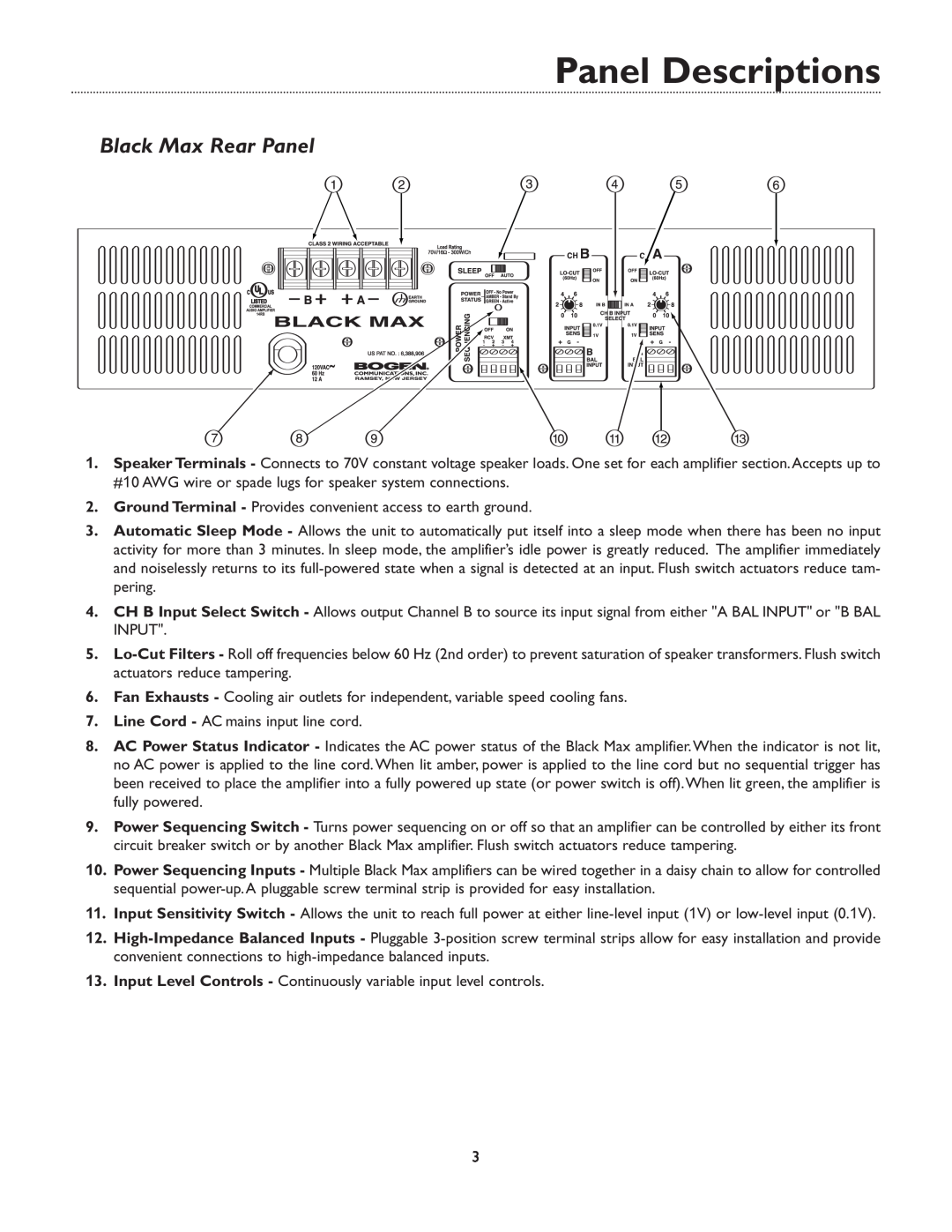 Bogen & X600 manual Black Max Rear Panel, Panel Descriptions 