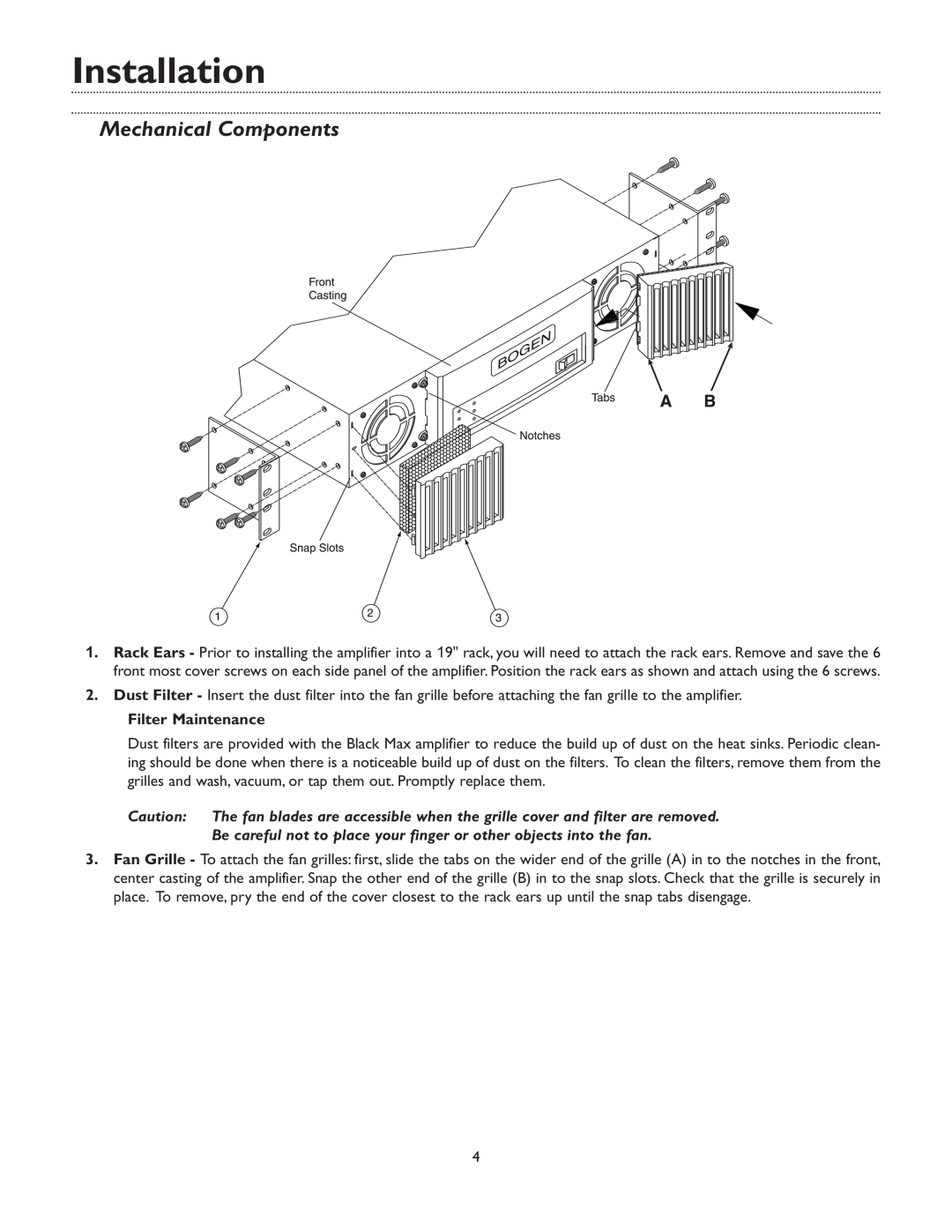 Bogen & X600 manual Installation, Mechanical Components, Filter Maintenance 