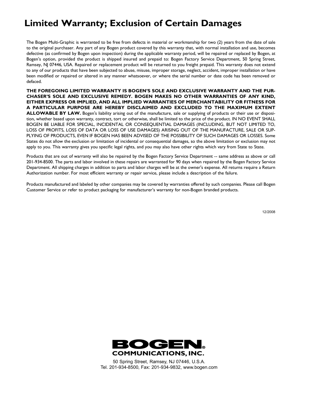 Bogen 2233R, 2223R, MCPB, 115B user manual Limited Warranty Exclusion of Certain Damages 