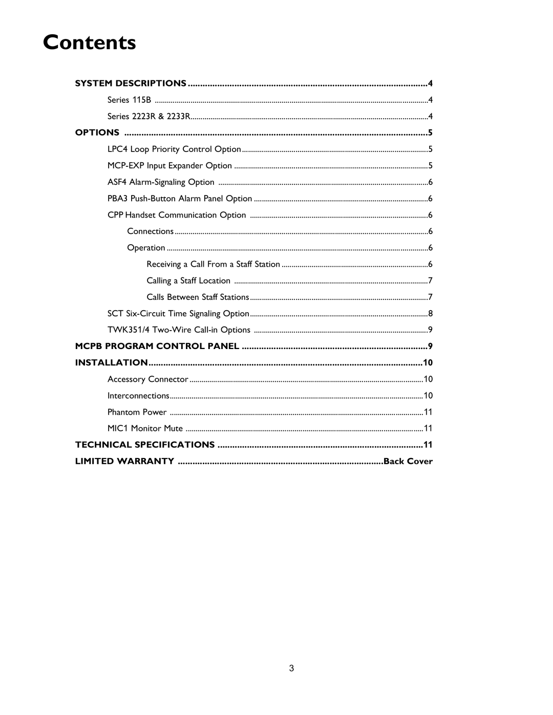 Bogen 115B, 2233R, 2223R, MCPB user manual Contents 