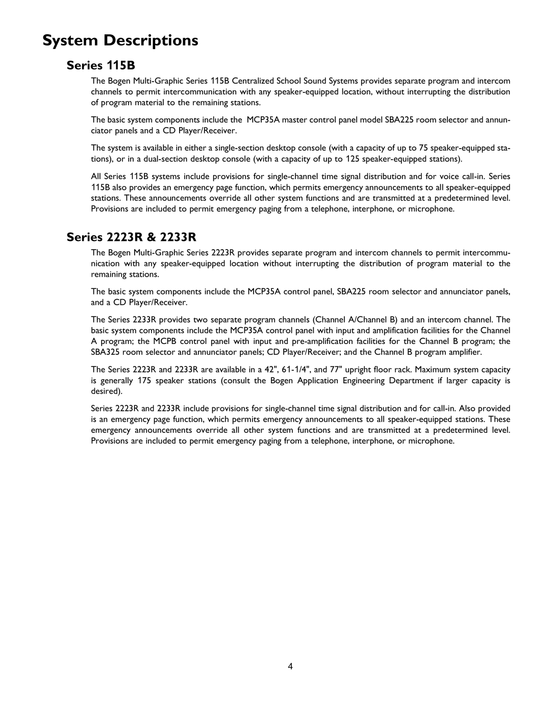 Bogen MCPB user manual System Descriptions, Series 115B, Series 2223R & 2233R 