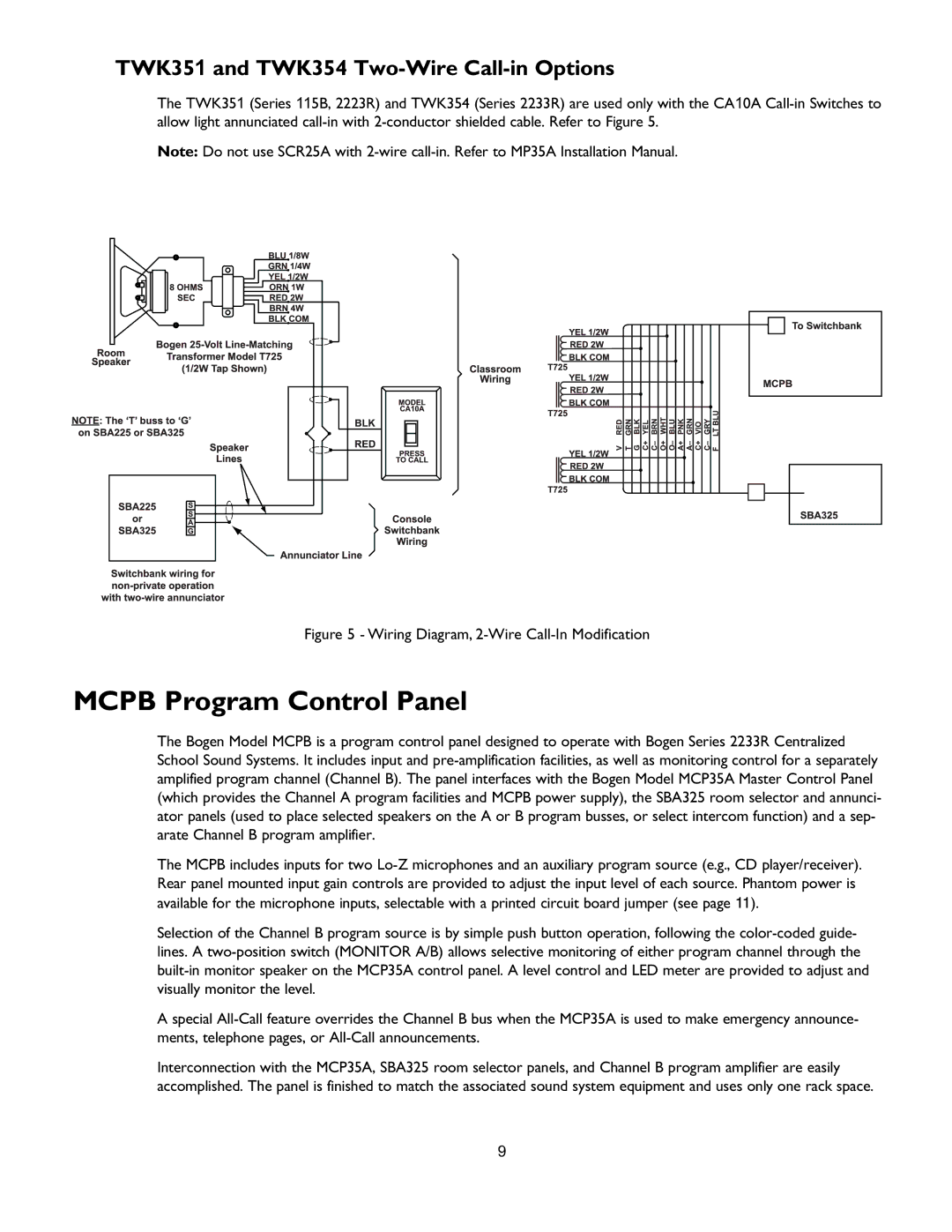 Bogen 2223R, 2233R, MCPB, 115B user manual Mcpb Program Control Panel, TWK351 and TWK354 Two-Wire Call-in Options 