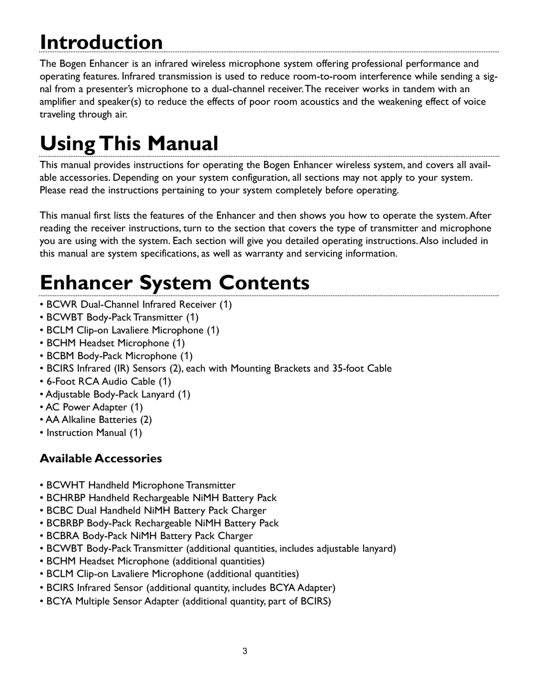 Bogen 54-2141-01B 0608 instruction manual Introduction, Using This Manual, Enhancer System Contents 