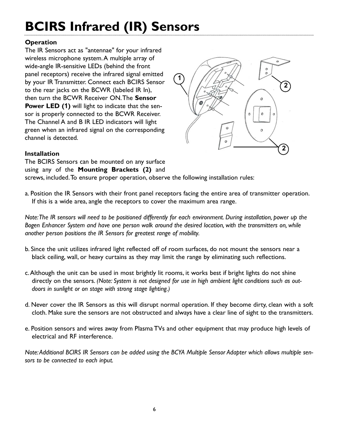 Bogen 54-2141-01B 0608 instruction manual Bcirs Infrared IR Sensors, Operation, Installation 