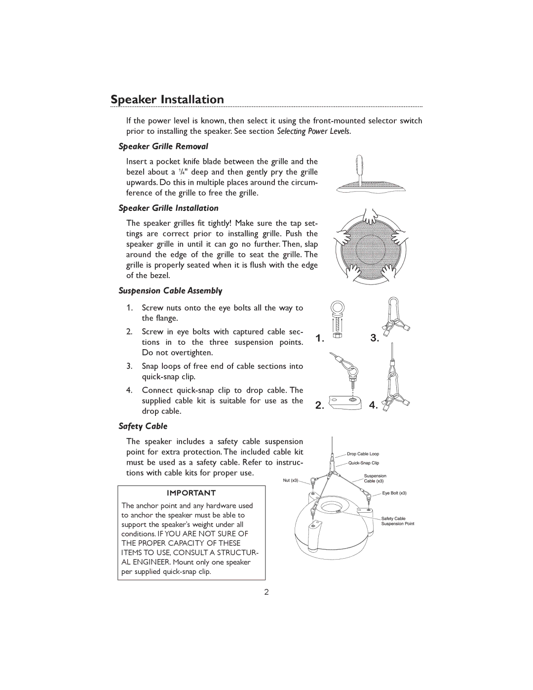 Bogen 700286198 Speaker Installation, Speaker Grille Removal, Speaker Grille Installation, Suspension Cable Assembly 