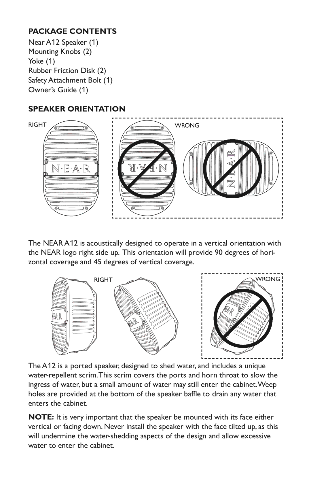 Bogen A12 specifications Package Contents, Speaker Orientation 