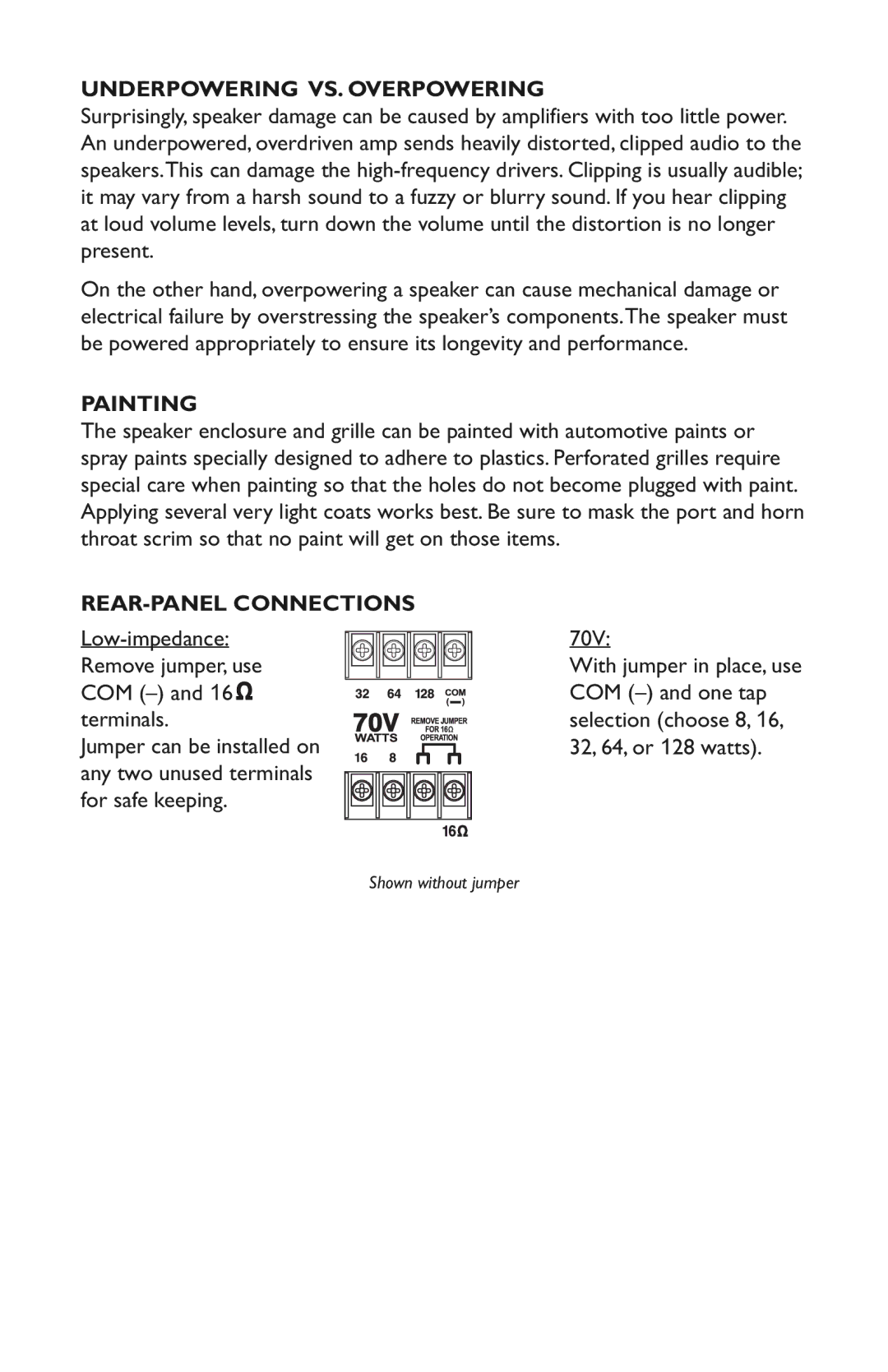 Bogen A12 specifications Underpowering VS. Overpowering, Painting, REAR-PANEL Connections 