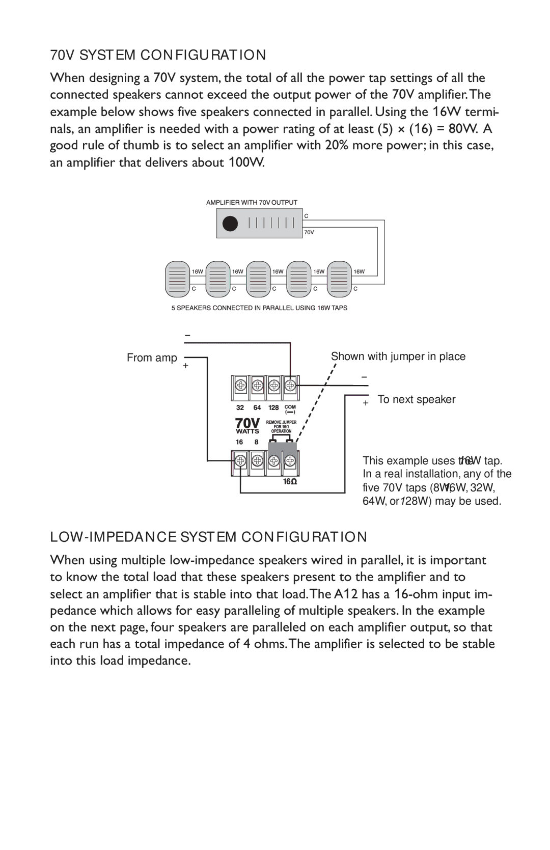 Bogen A12 specifications 70V System Configuration, LOW-IMPEDANCE System Configuration 