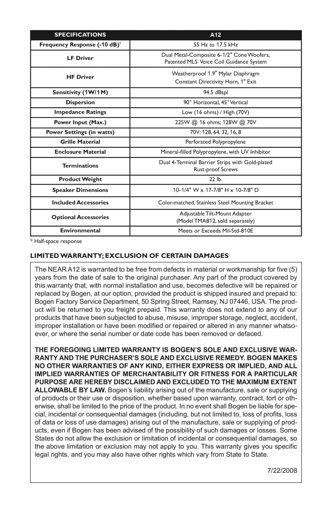 Bogen A12 specifications Limited Warranty Exclusion of Certain Damages 