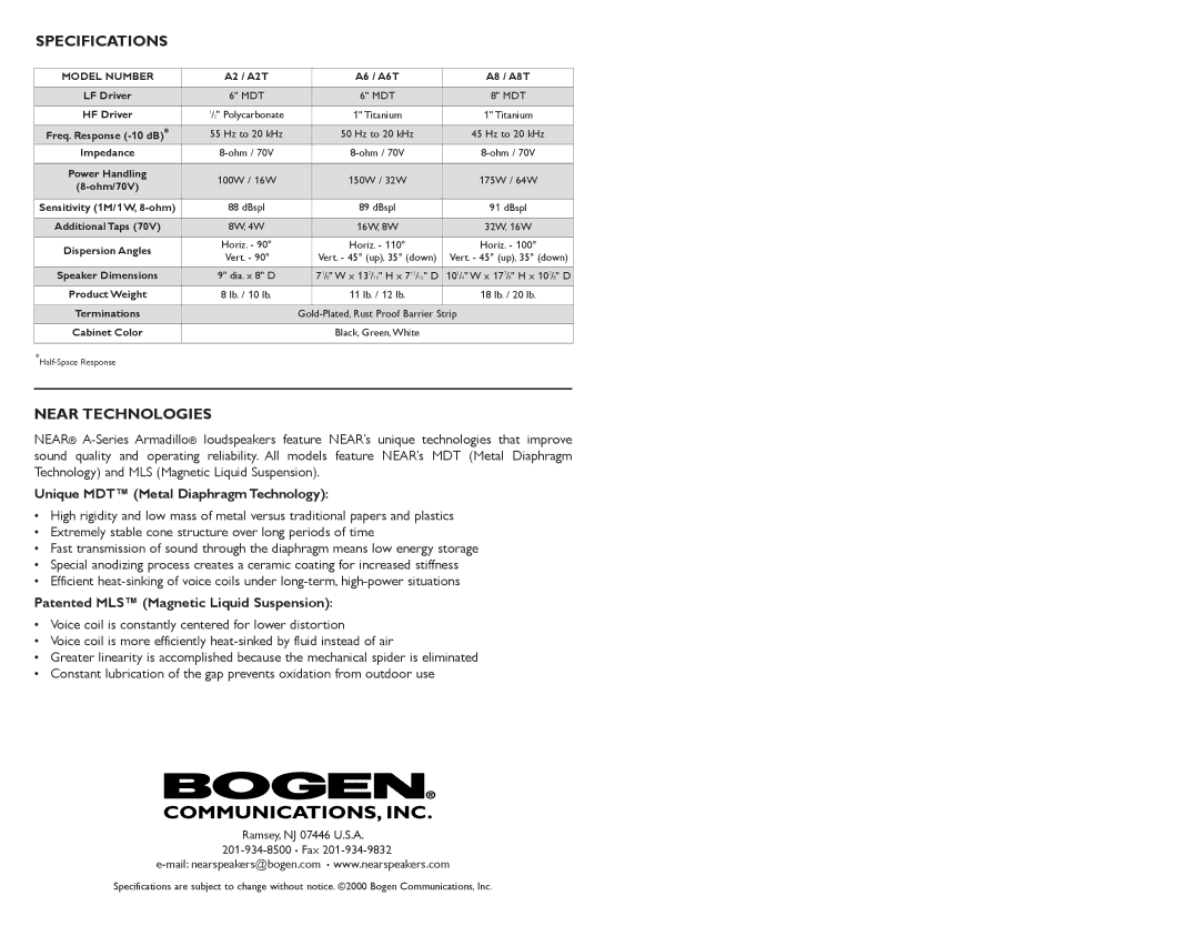 Bogen A2 specifications Specifications 