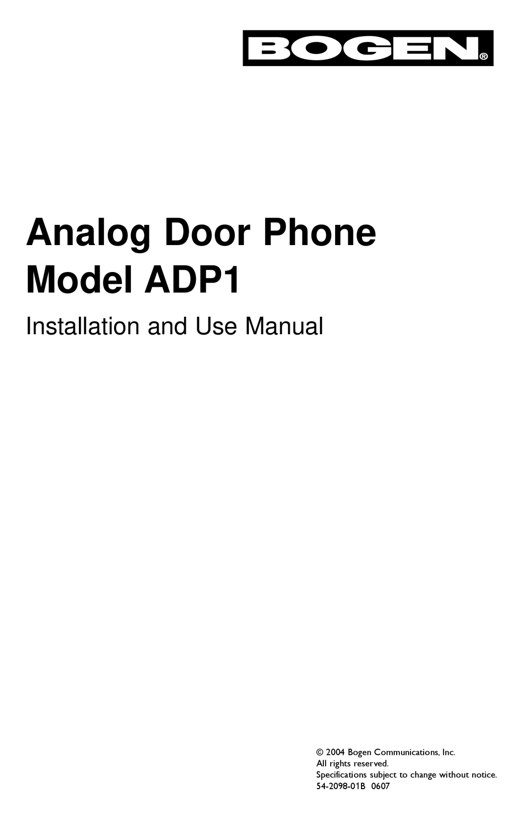 Bogen specifications Analog Door Phone Model ADP1 