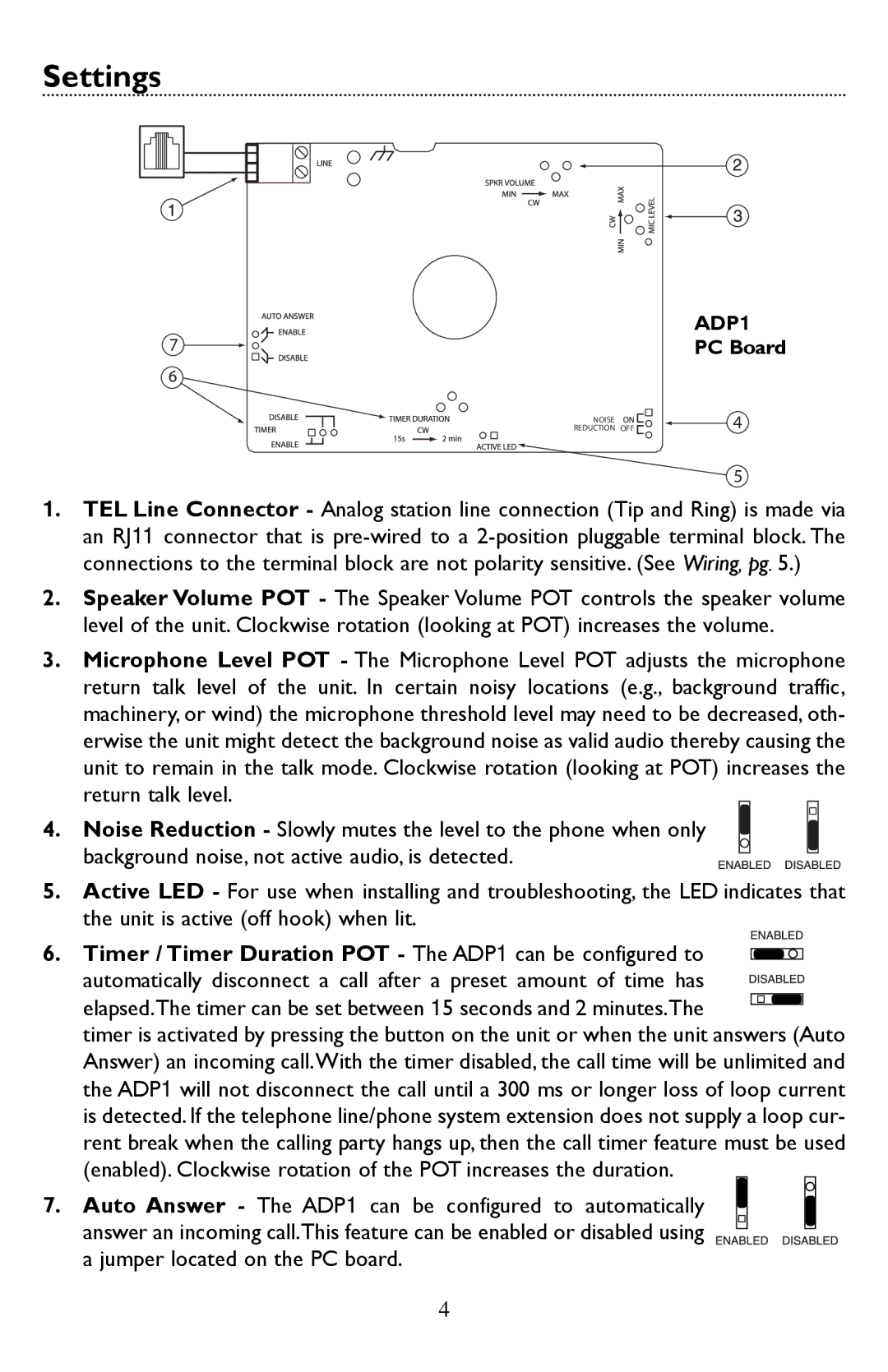 Bogen ADP1 specifications Settings 