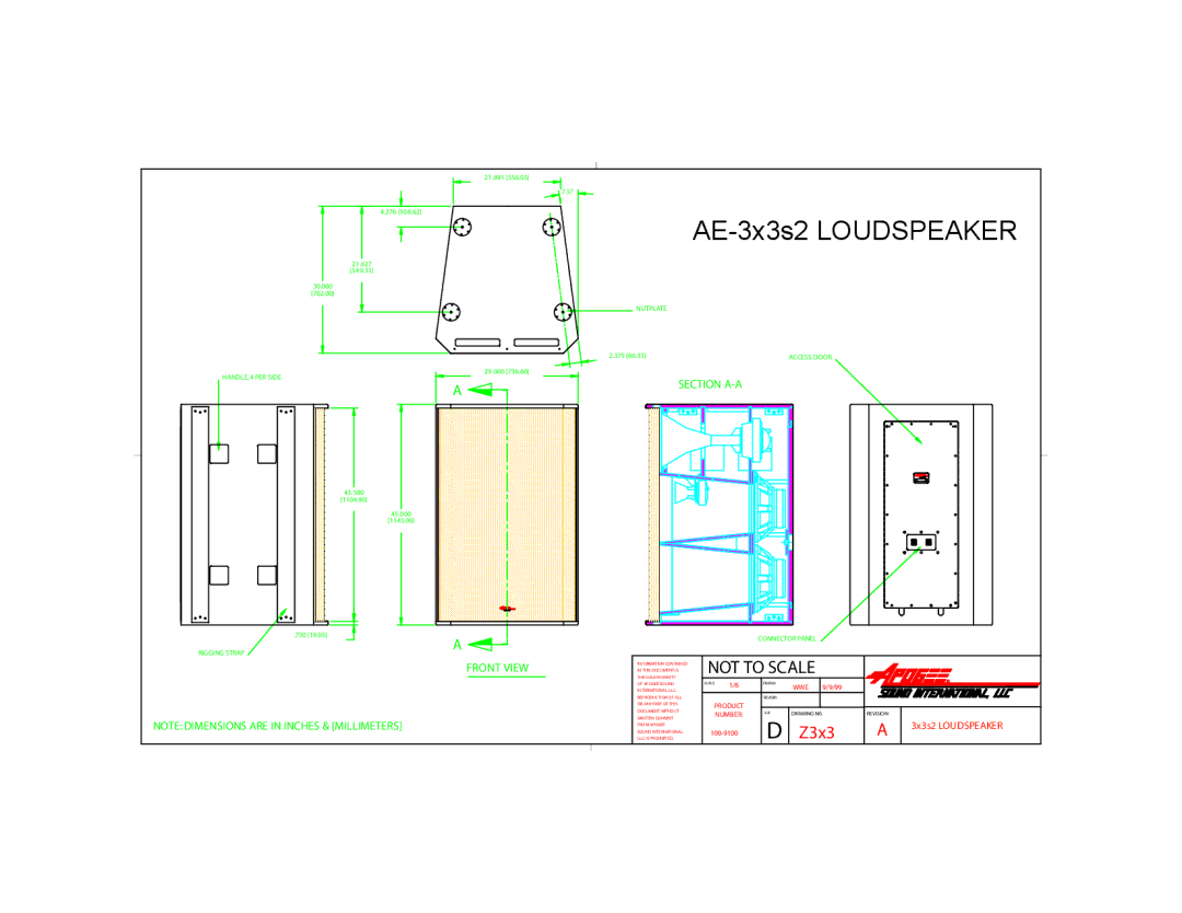 Bogen dimensions AE-3x3s2 Loudspeaker, Section A-A, Front View 