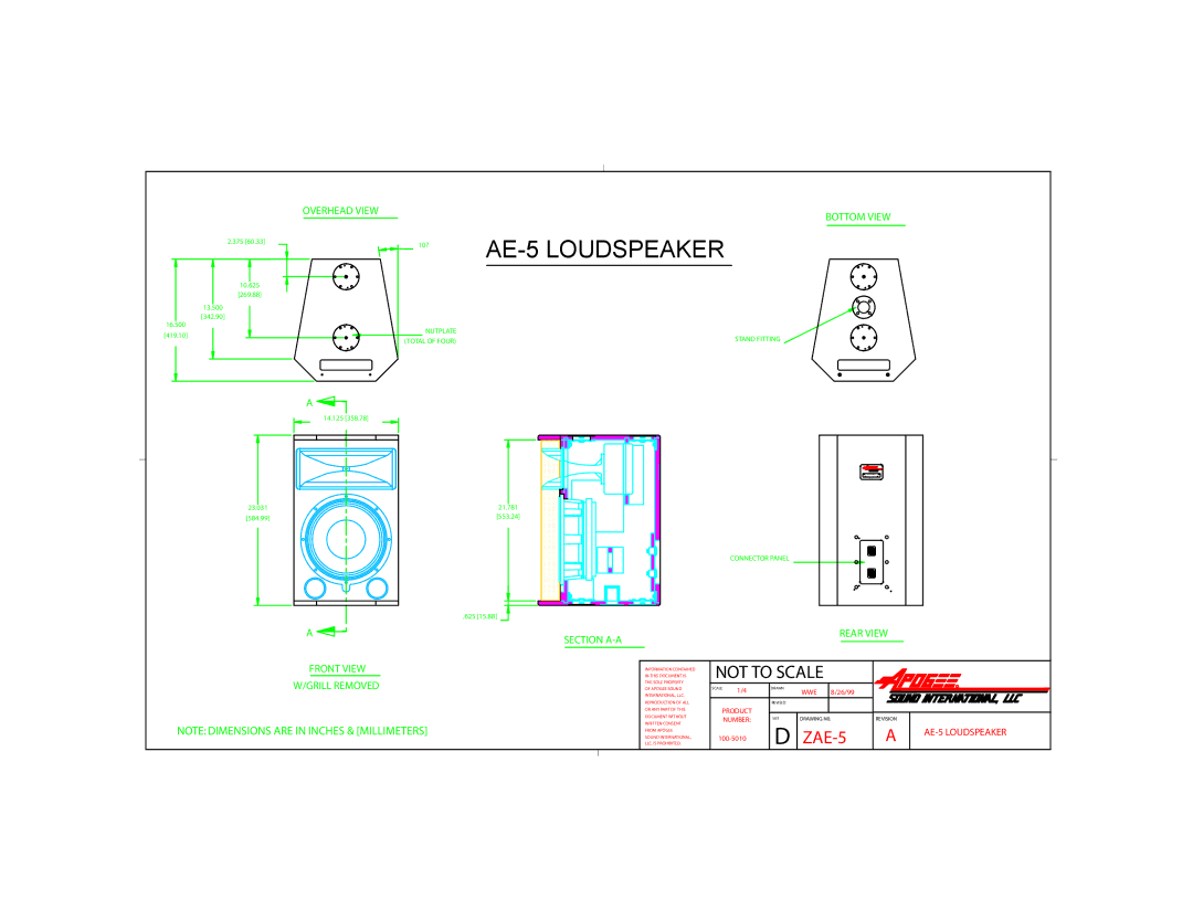 Bogen dimensions AE-5 Loudspeaker, Not to Scale, WWE 8/26/99, 100-5010 