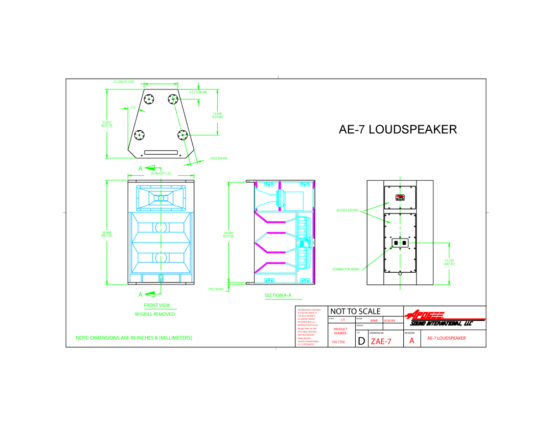 Bogen dimensions AE-7 Loudspeaker, Not to Scale, WWE 9/30/99, 100-7700 