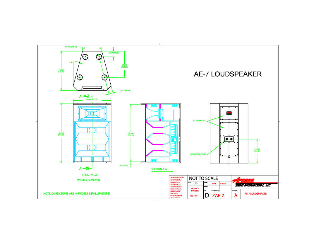 Bogen dimensions AE-7LOUDSPEAKER, Not To Scale, ZAE-7, Front View W/Grill Removed, Section A-A, 12.258 3.577 15?, 2.625 