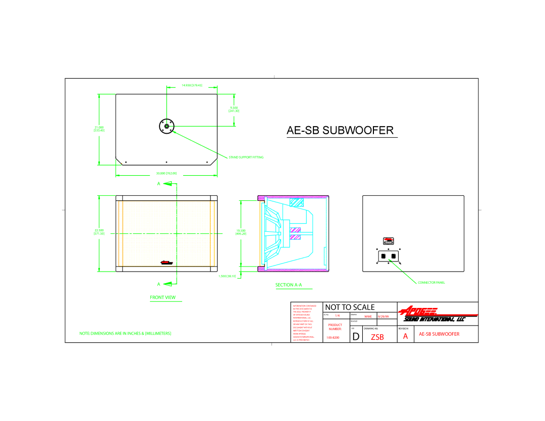 Bogen dimensions AE-SB Subwoofer, Section A-A, Front View 