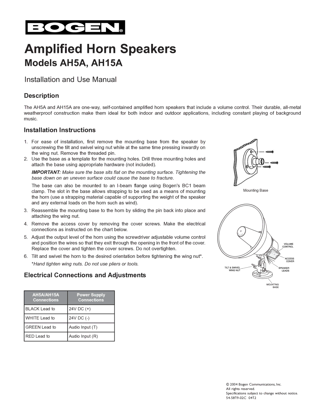 Bogen AH5A installation instructions Description, Installation Instructions, Electrical Connections and Adjustments 