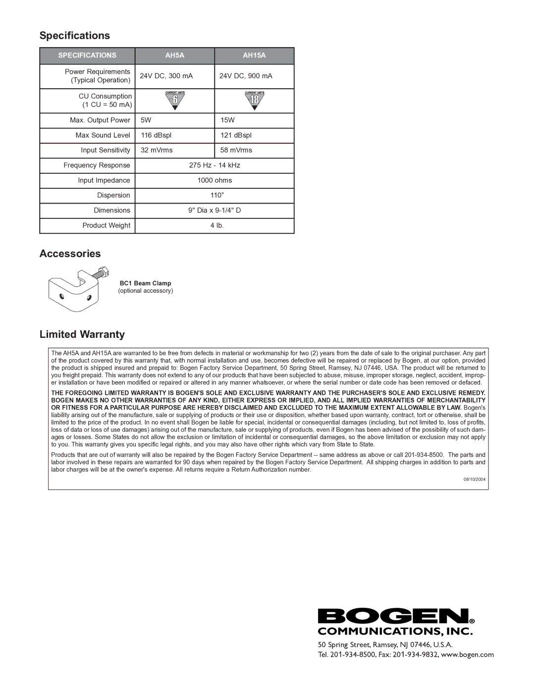 Bogen installation instructions Accessories, Limited Warranty, Specifications AH5A AH15A 