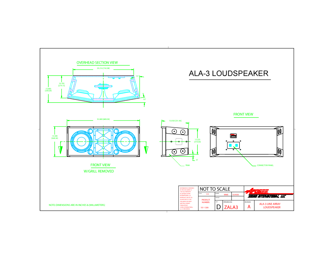 Bogen dimensions ALA-3 Loudspeaker, Overhead Section View, Front View Grill Removed, Trim 