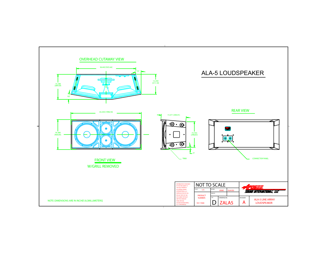Bogen dimensions ALA-5 Loudspeaker, Overhead Cutaway View, Front View Grill Removed, Rear View, Trim 
