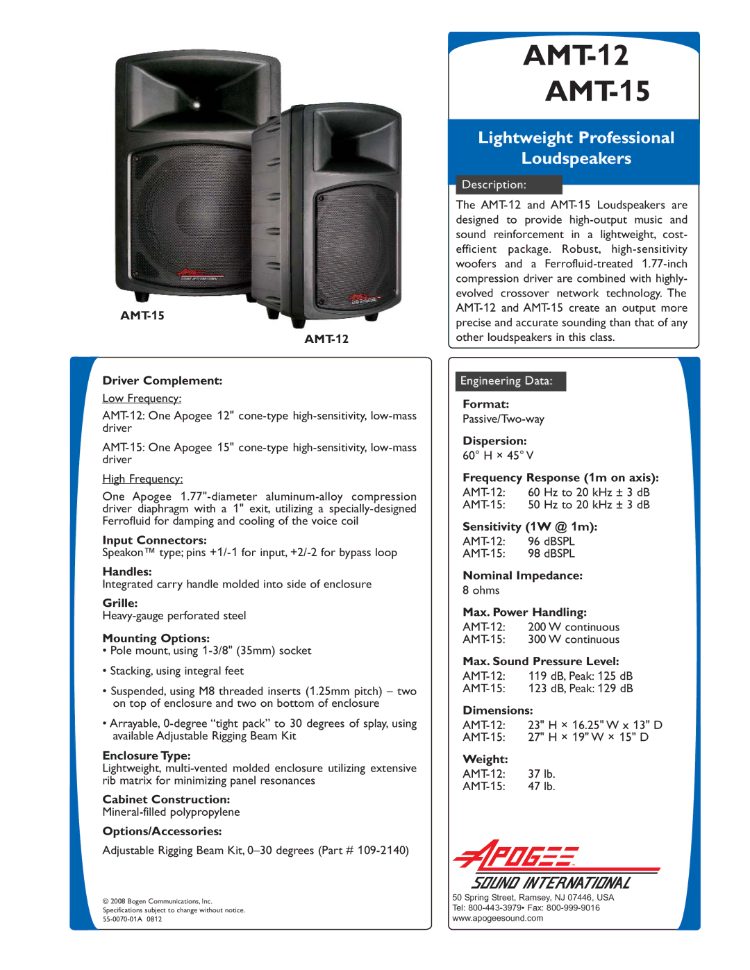 Bogen dimensions AMT-12 AMT-15, Lightweight Professional Loudspeakers 