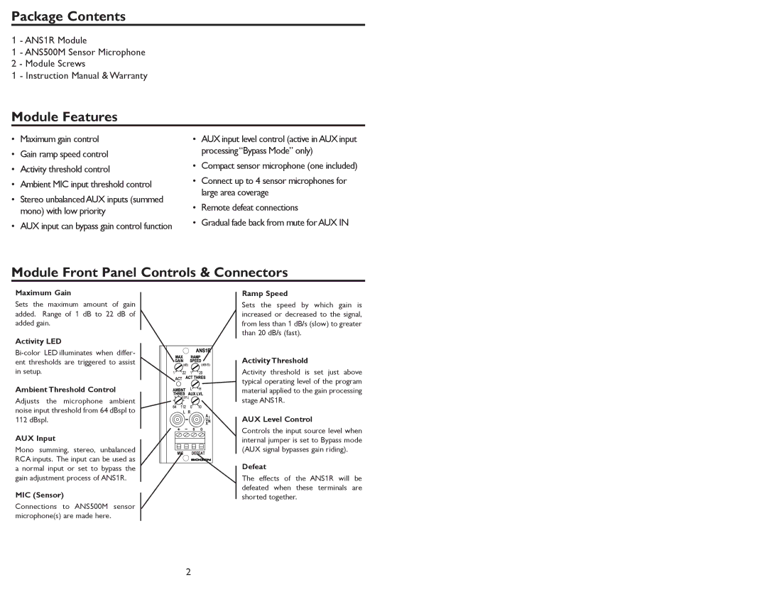 Bogen ANS1R specifications Package Contents, Module Features, Module Front Panel Controls & Connectors 