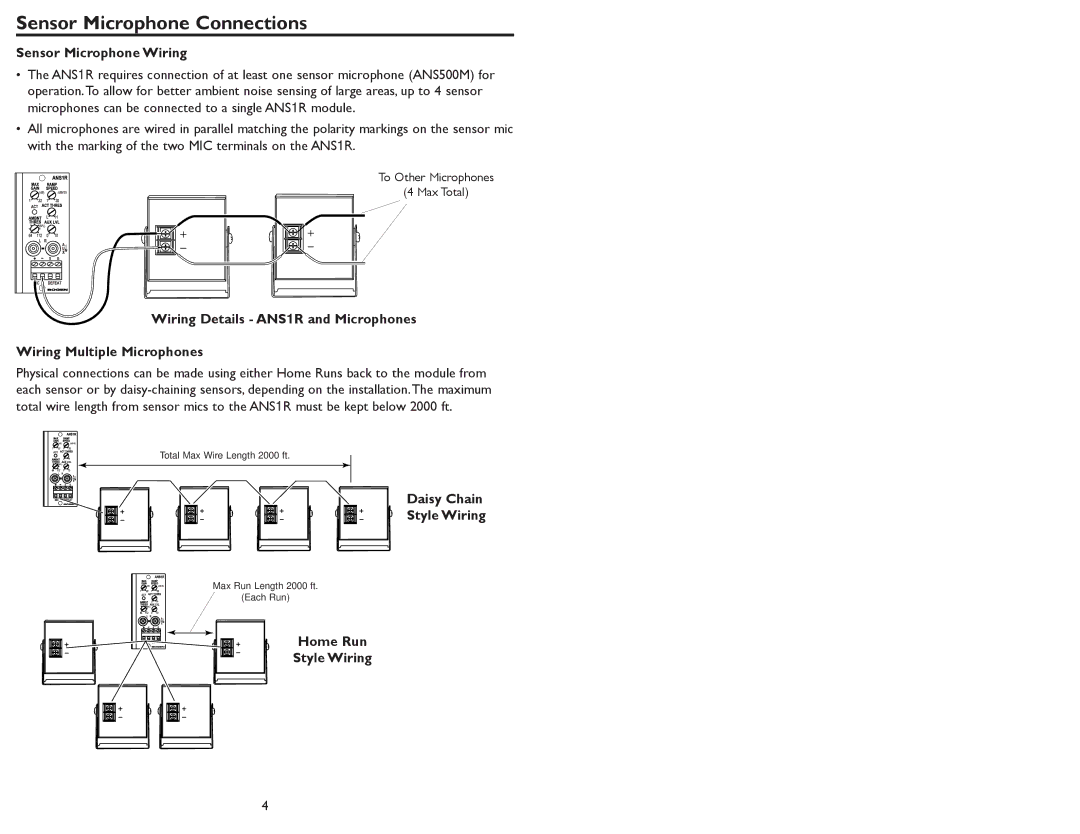 Bogen ANS1R Sensor Microphone Connections, Sensor Microphone Wiring, Daisy Chain Style Wiring, Home Run Style Wiring 